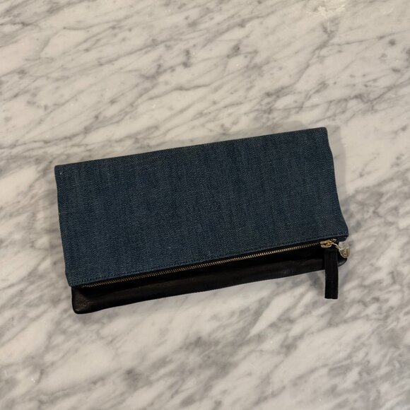 CLARE V Denim and Black Leather Foldover Clutch